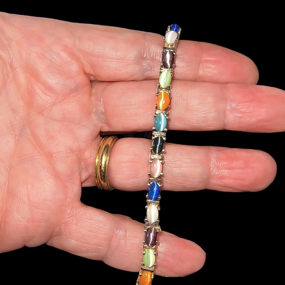 Sterling Silver & Cat's Eye Glass Link Tennis Bracelet - Picture 7 of 13